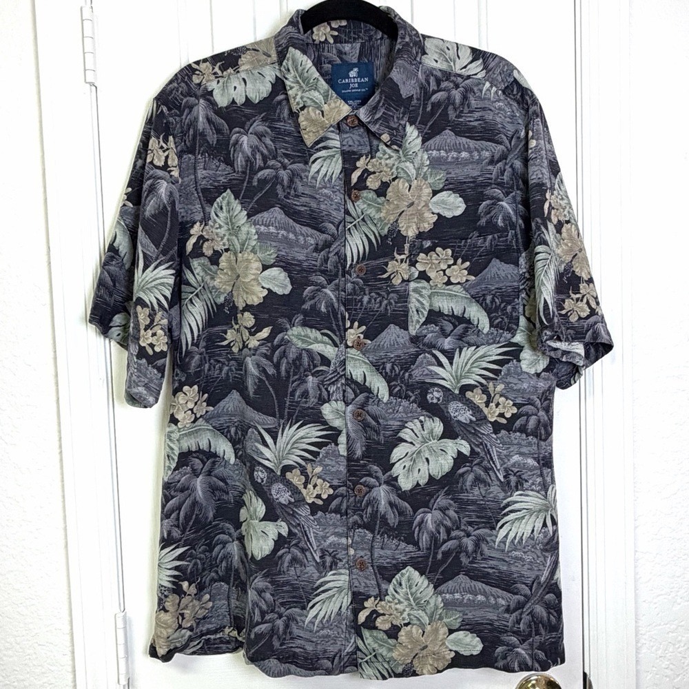 Caribbean Joe 100% Silk Hawaiian Shirt XXL Tropical Palm Tree Island Camp Shirt